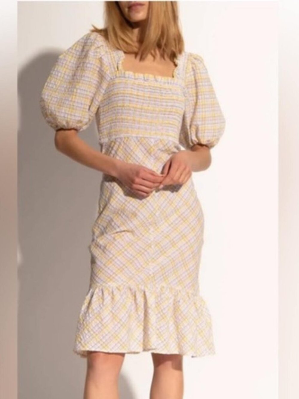 Ganni checked seersucker puff sleeve smocked midi ruffle dress organic cotton 4